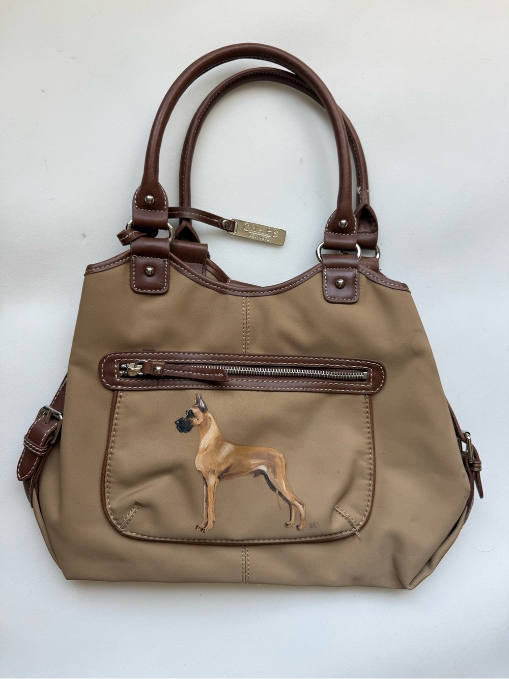 Chaps Brown and Tan Nylon Shoulder Purse Custom Great Dane Painting